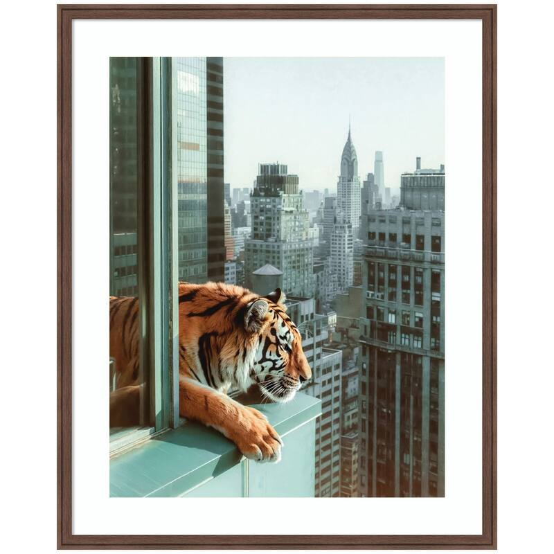 Kate and Laurel Framed Art Urban Tiger Overlooking Manhattan by Michael Schauer - 34x42 - Brown
