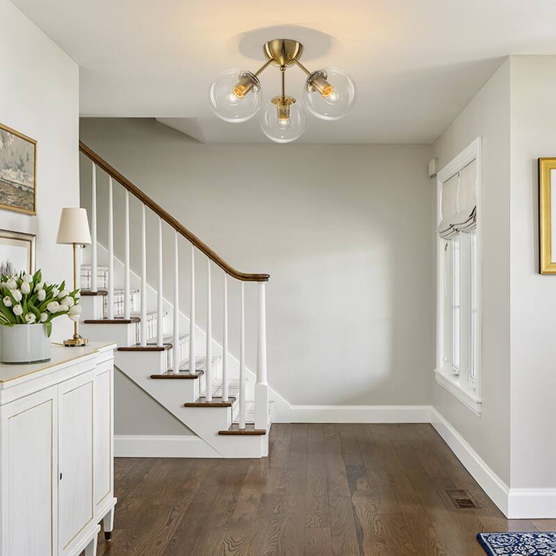 3-Light Brushed Brass Glass Globe Sputnik Semi Flush Mount