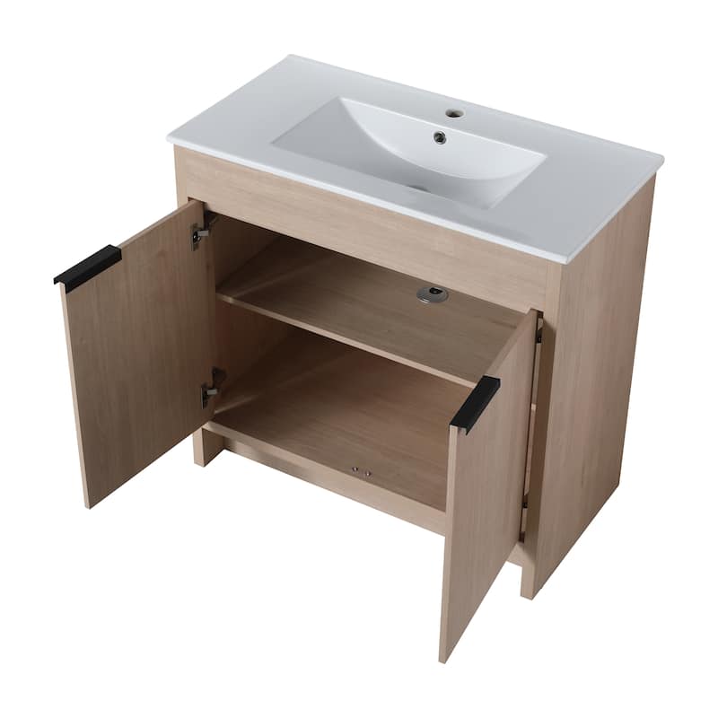 BNK 24/30/36 inch Freestanding Single Sink Bathroom Vanity with Soft Close Door and 1 adjustable shelf - 35.8"W x 18.3"D x 35"H - Plain Light Oak