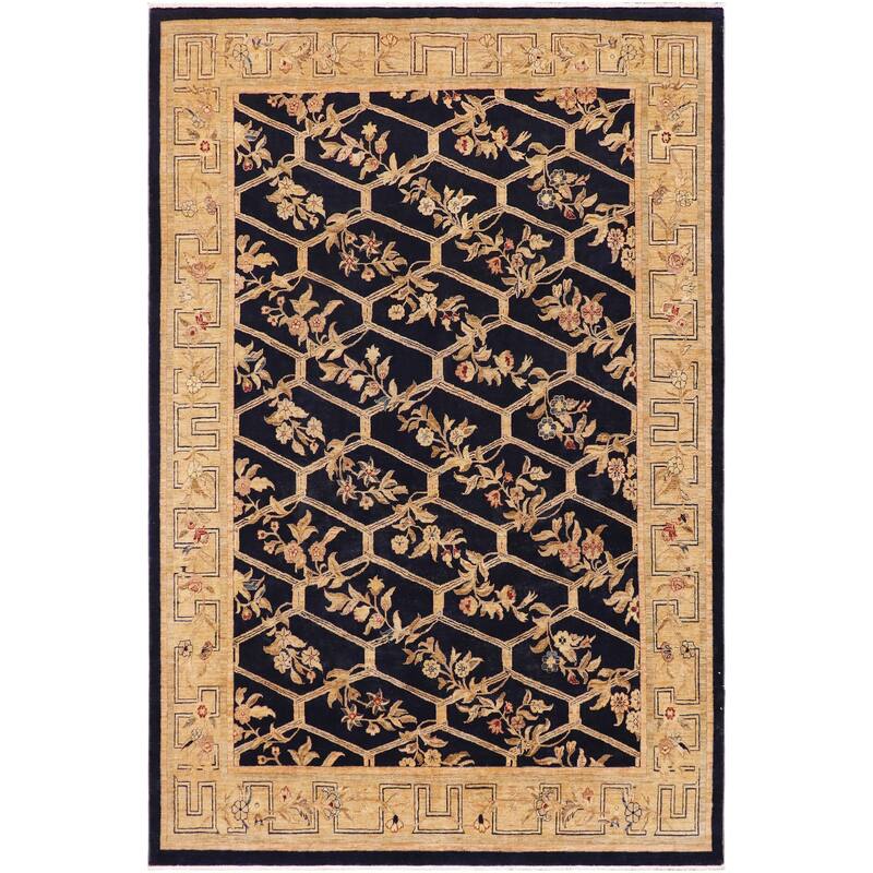 Hexagonal Trellis Floral Hand-Knotted Wool Area Rug - 9'0'' x 11'11''