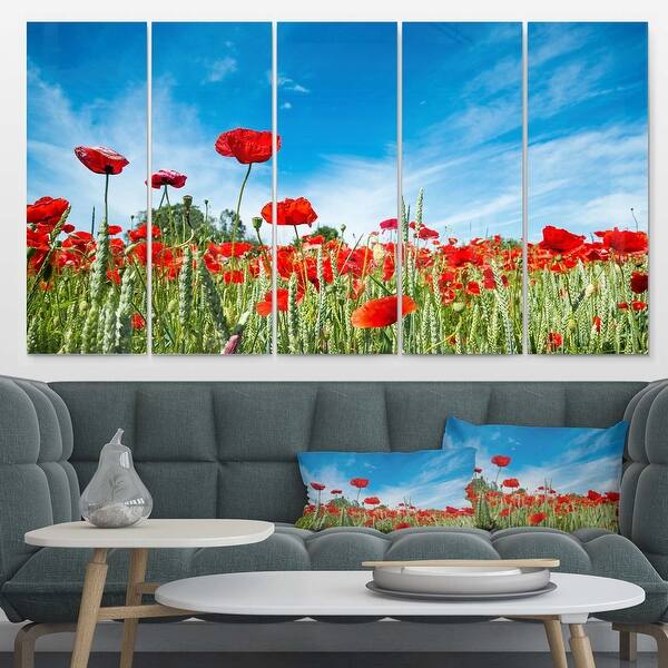 Designart 'Red Poppy Garden under Clear Sky' Flower Glossy Metal Wall ...