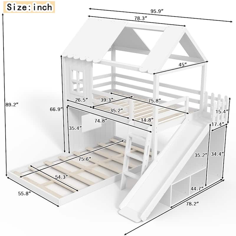 Twin over Full House Bunk Bed with Ladders and Slides, House Floor Bunk Bed with Storage Shelves and Wardrobe