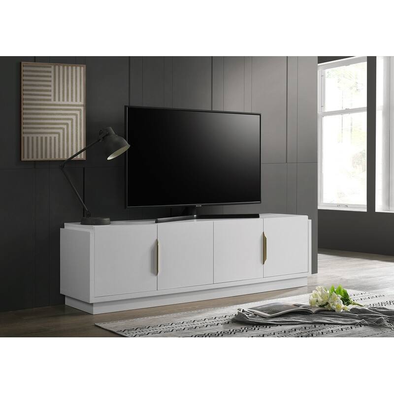 Modern 70" White TV Stand, 4-Door Cabinet with Adjustable Shelf, Gold Finish Handles, and Cable Management - White