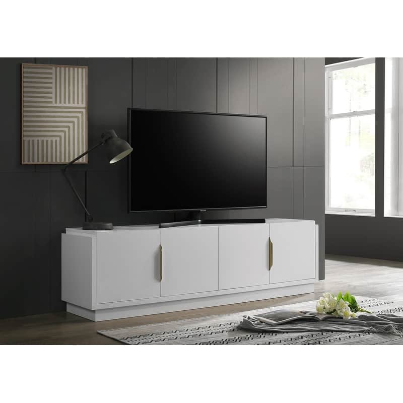 Modern 70" White TV Stand, 4-Door Cabinet with Adjustable Shelf, Gold Finish Handles, and Cable Management