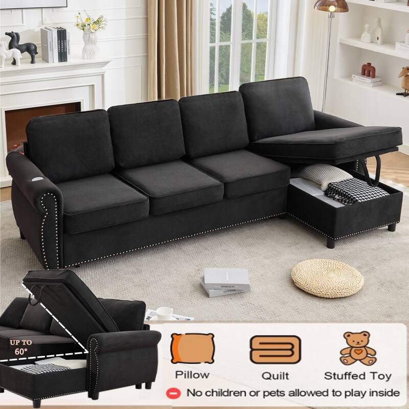106.5" L-Shaped Flannelette Sectional Sofa with Pull-Out Bed