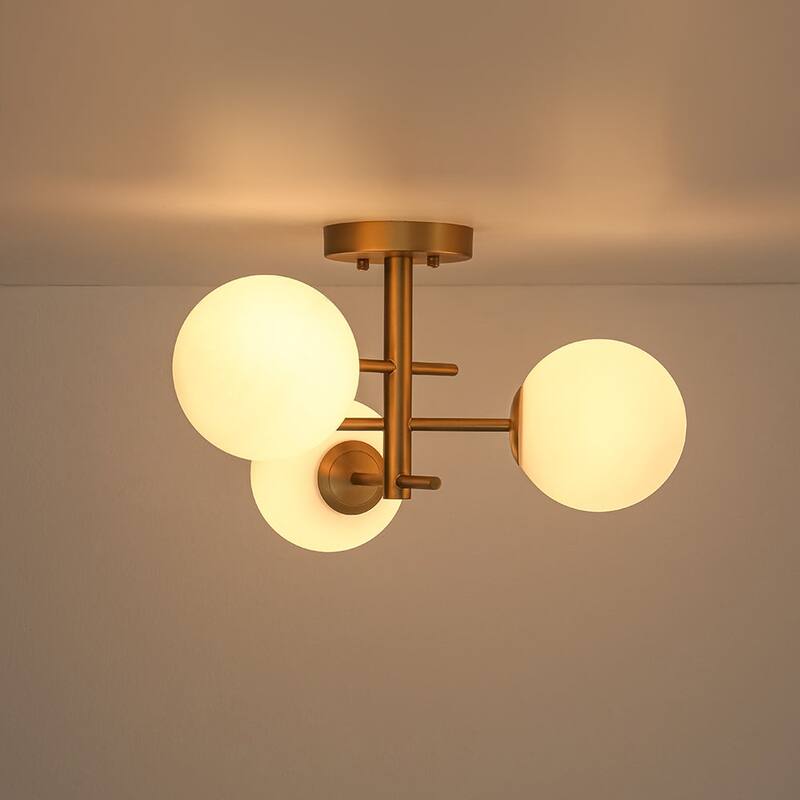 Mid-Century 3-Light Round Milky Glass Sputnik Semi Flush Ceiling Light