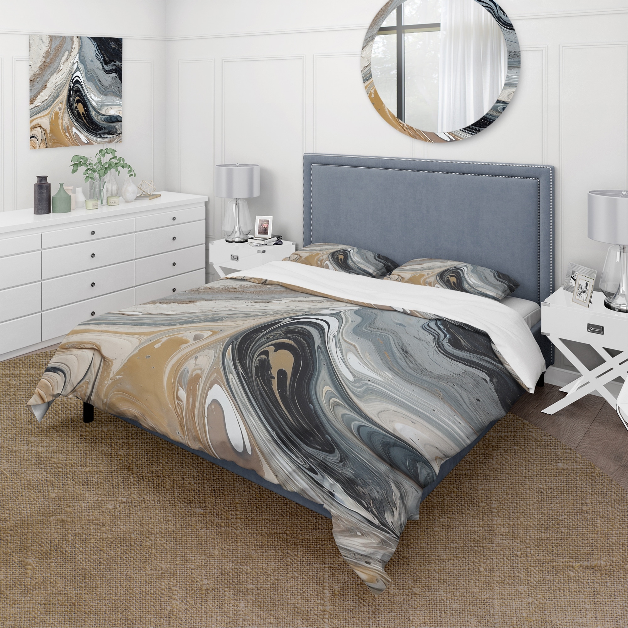 Designart - Grey Black Aqua Symphony - Abstract Bedding Cover Set - Modern  Bed Sets With Shams, image size:2000x2000