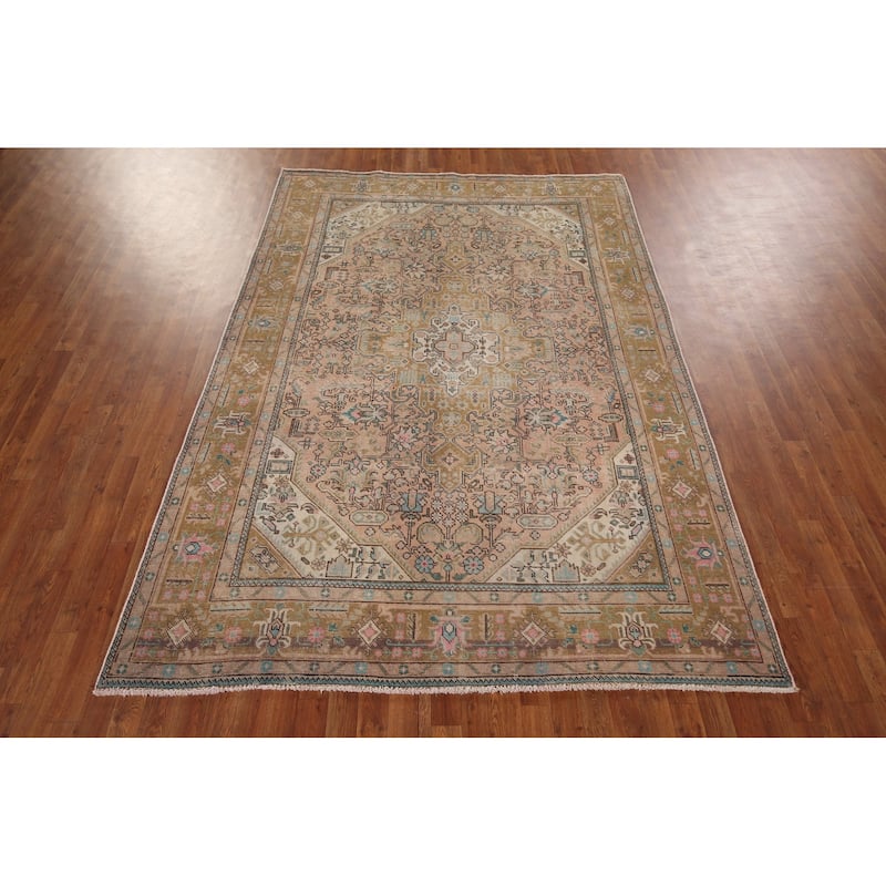 Distressed Tabriz Persian Vintage Area Rug Hand-Knotted Wool Carpet - 6'5" x 9'3"