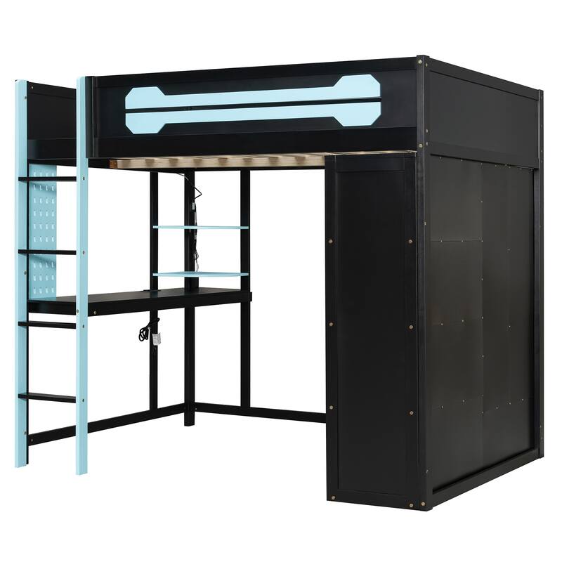 Full Wood Loft Bed with Desk, Open Wardrobe & RGB Lighting