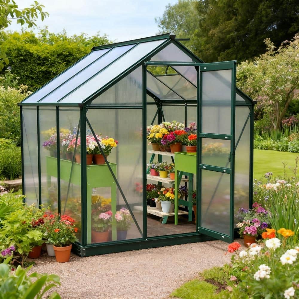 GDFStudio - 6'x4' Outdoor Wooden Greenhouse with Polycarbonate Panels, Rain Gutter & Roof Vent - Green+Dark Green