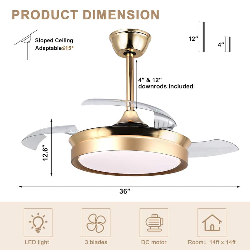Bella Depot 36" Modern Retractable Ceiling Fan with Dimmable Led Light and Remote, 6-Speed Reversible DC Motor