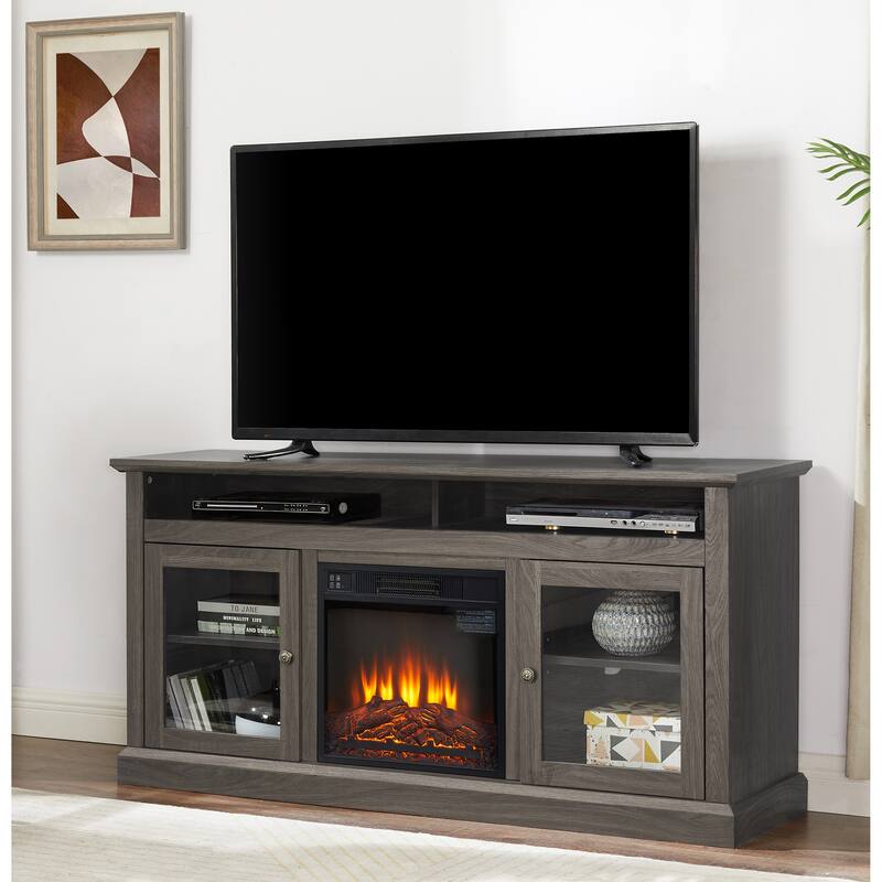 Contemporary TV Media Stand Modern Entertainment Console with 18" Fireplace Insert for TV Up to 65", Storage Space.