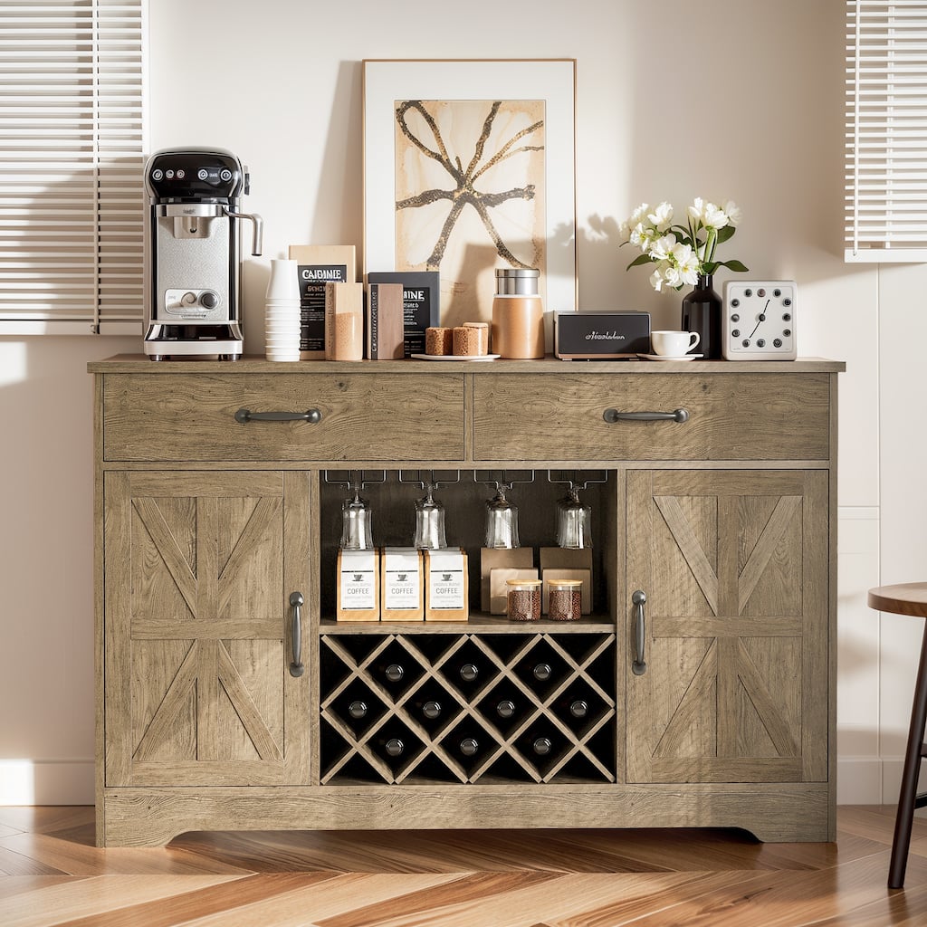 55" Farmhouse Bar with Removeable Wine GID, Kitchen Coffee Bar Cabinet