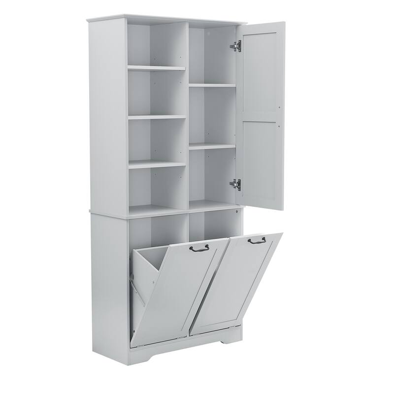 Roomfitters 68" Tall Bathroom Storage Cabinet with Dual Tilt-Out Laundry Hampers, Open Shelves & Adjustable Storage