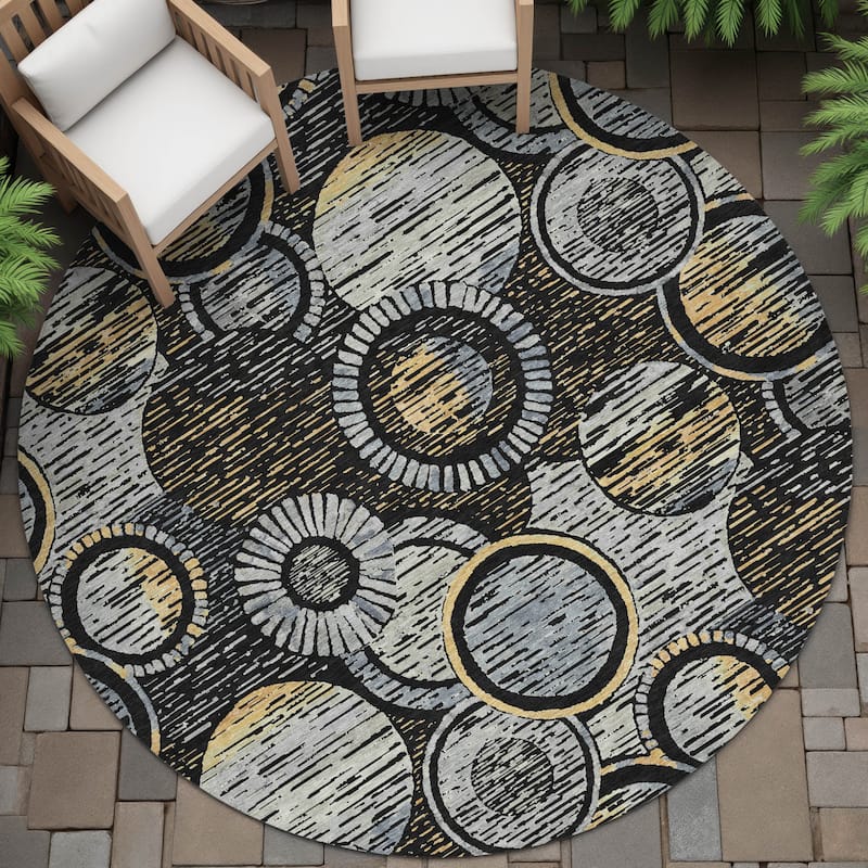 Machine Washable Indoor/Outdoor Contemporary Wheels Chantille Rug - Black - 8' x 8'