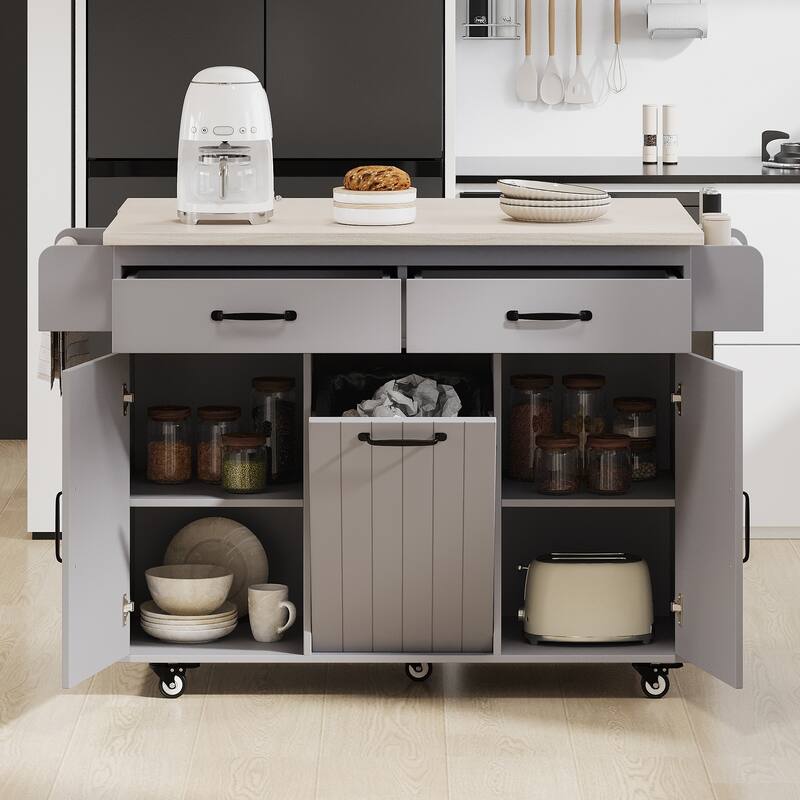 Kitchen Island with Trash Can Storage Cabinet, Adjustable Shelf, Drop Leaf, Spice Rack, Towel Rack & Drawer
