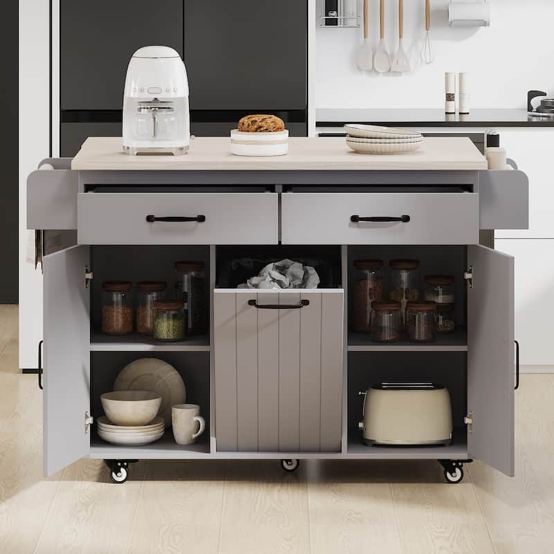 Rolling Kitchen Island with Trash Can Storage Cabinet, Kitchen Cart with Drop Leaf, Spice Rack, Towel Rack and Drawer