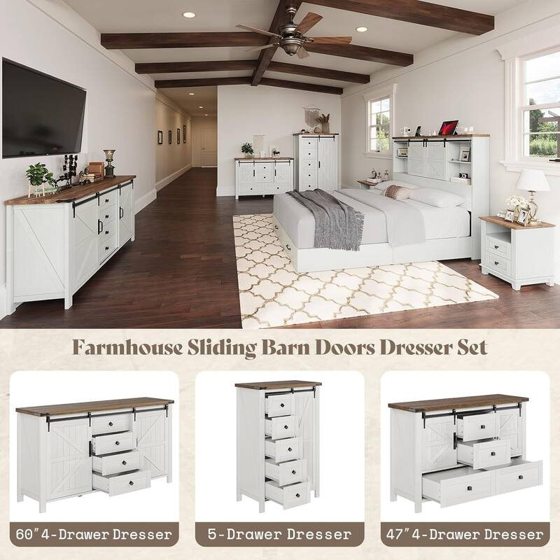 Farmhouse 4 Drawer Dresser for Bedroom, 59" Wood Dressers with Sliding Barn Doors