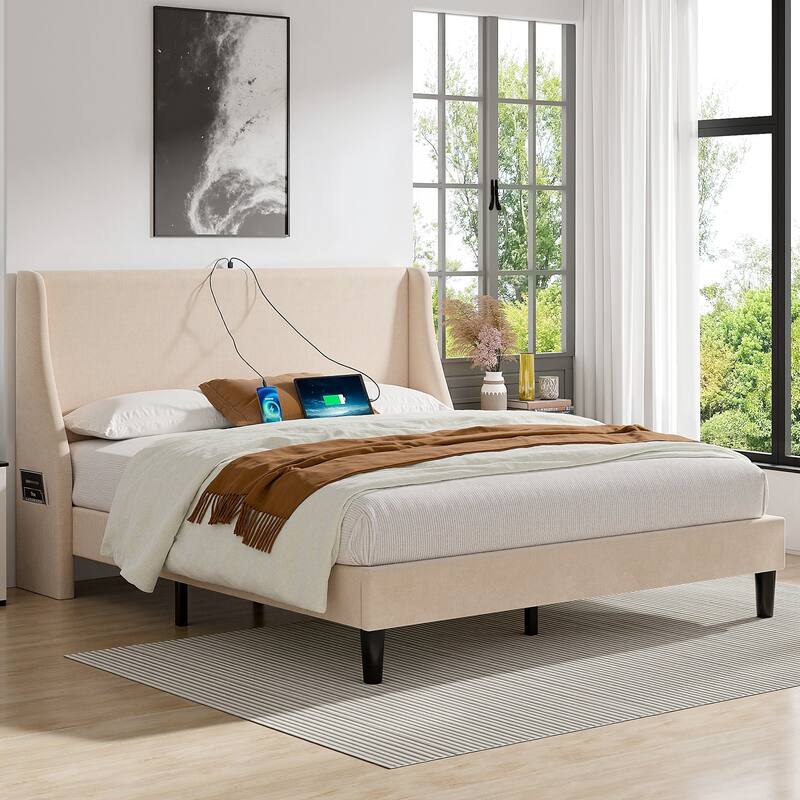 VECELO Bed Frame with Upholstered Wingback Headboard,Platform Bedframe with Charging Station & Side Pockets - Beige - Full