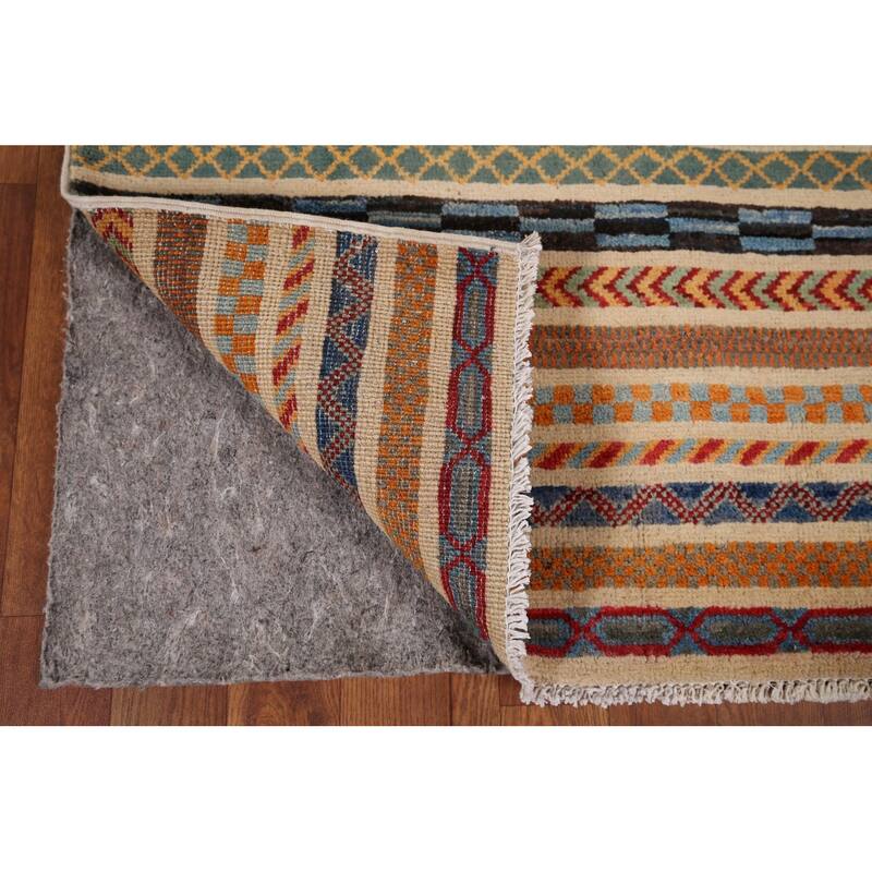 All-Over Striped Kazak Oriental Area Rug Hand-Knotted Wool Carpet - 3'11" x 5'11"