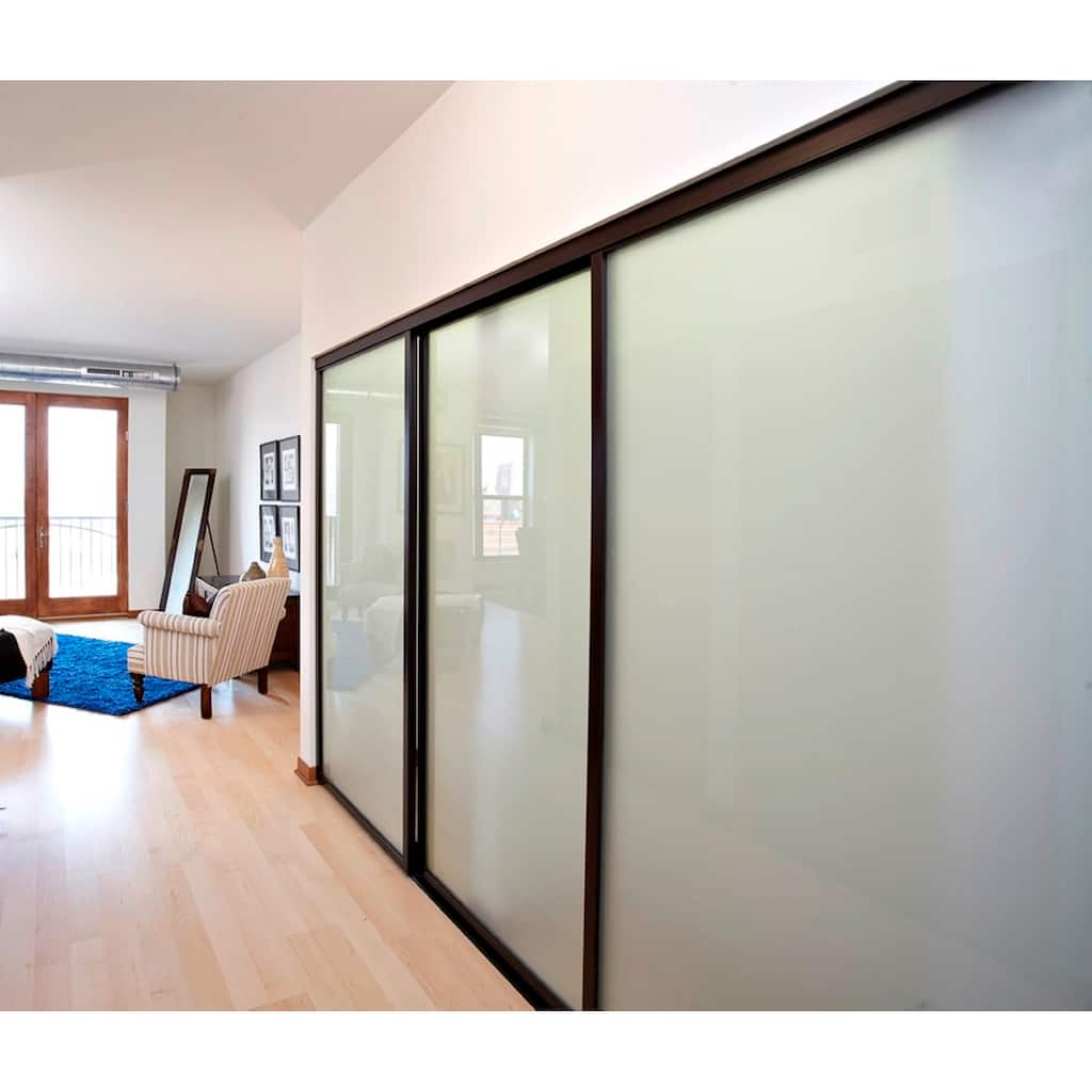 THE SLIDING DOOR COMPANY 3 Panel, Sliding Closet Doors, Frosted Glass, Aluminum Frame on triple track.