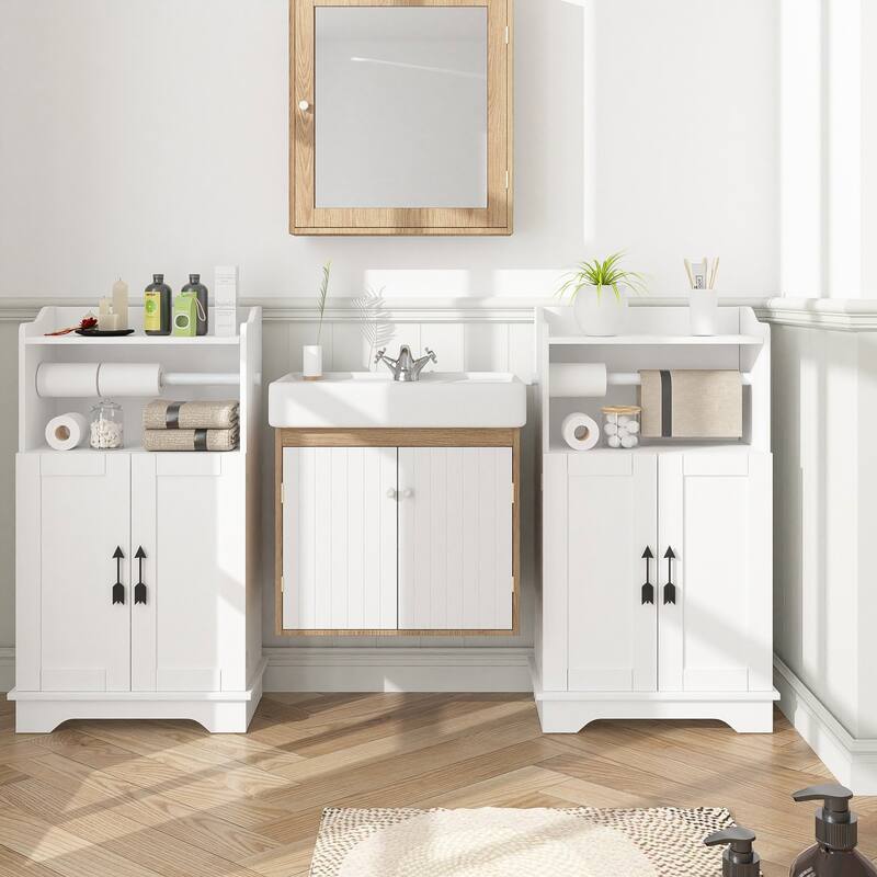 Javlego Bathroom Storage Cabinet, Wooden Floor Cabinet with 2 Doors and Toilet Roll Holder, Adjustable Shelf