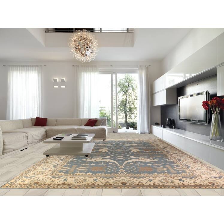 All-Over Blue & Ivory Oushak Indian Large Rug Hand-Knotted Wool Carpet - 13'1"x 20'7"