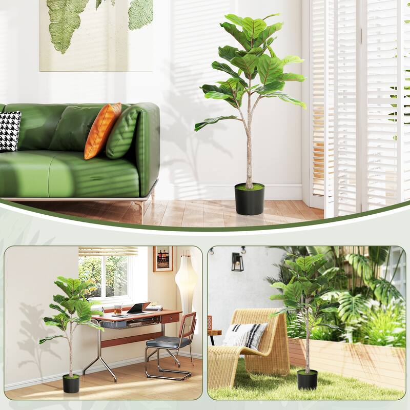 HOMCOM 43" Artificial Fiddle Leaf Fig Tree with 28 PEVA Leaves and Pot, Fake Plant with Flocked Soil for Home Office Living Room