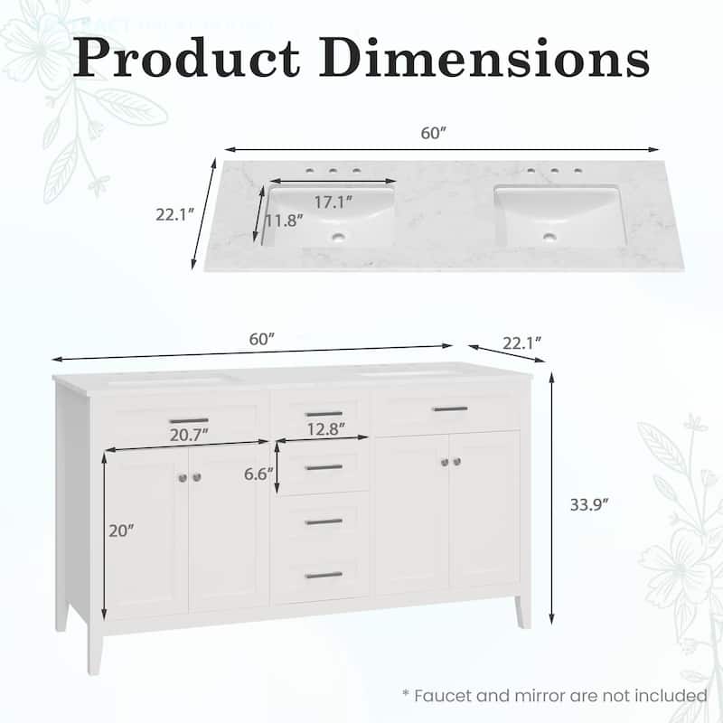 EROMMY All-in-One Bathroom Vanity with Ceramic Sink, Soft-Close Storage Cabinet & Drawer, Glossy Countertop, White