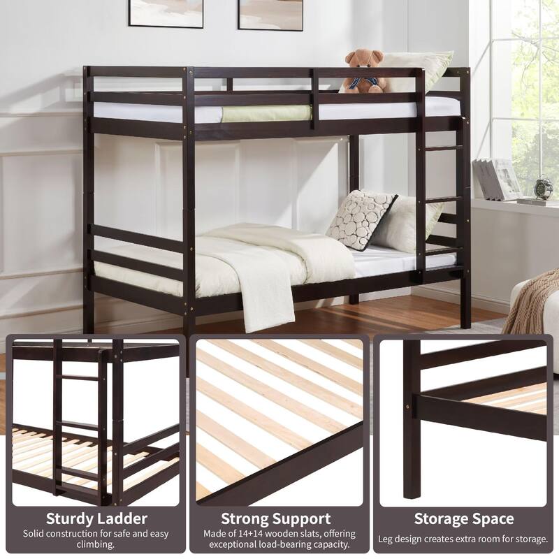 Twin over Twin Wooden Bunk Bed,High Guardrail,Ladder,Kids Teens,Dorm
