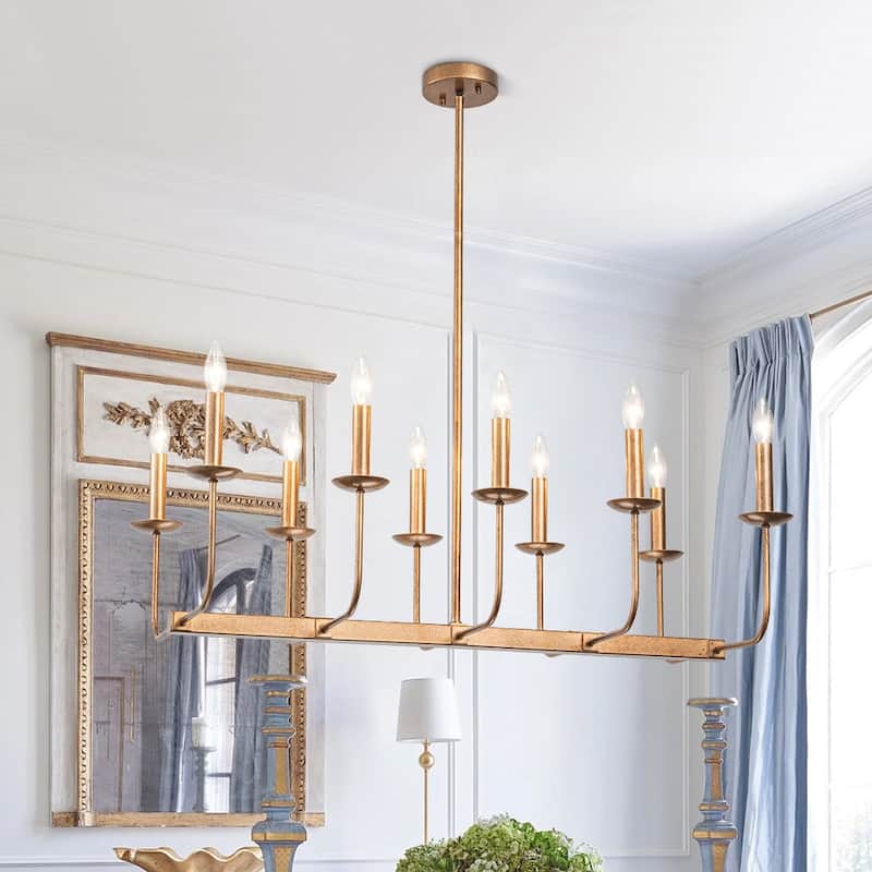 Farmhouse 10-Light Candle Iron Kitchen Island Linear Chandelier - Distressed Brass