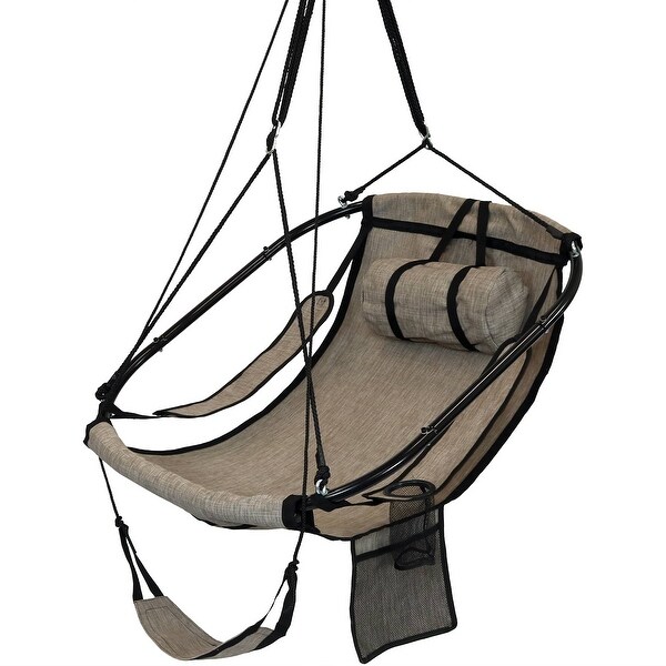 Hanging Hammock Camping Chair Swing - Drink Holder and Footrest - Beige