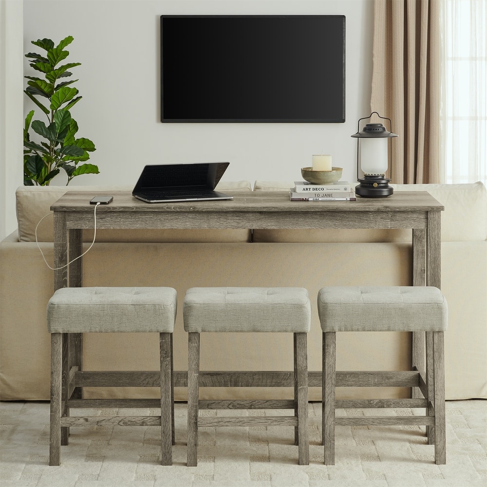 59" Counter Height Bar Table Set with Power Outlet, Industrial Breakfast Table with 3 Stools, 4 Piece Bar Table and Chairs Set