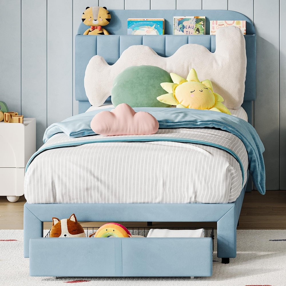 Bed Frame with Drawer, Velvet Upholstered Platform Bed Frame with Storage Headboard