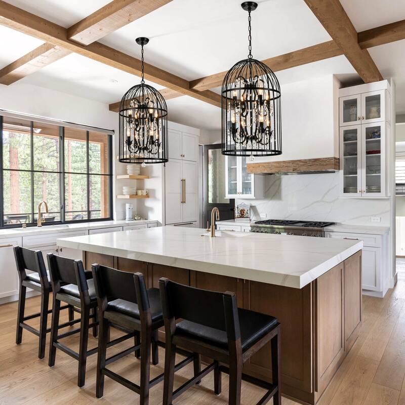 Vintage Industrial Birdcage Crystal Chandelier with Black Metal Cage and Crystal Accents - W17.72"