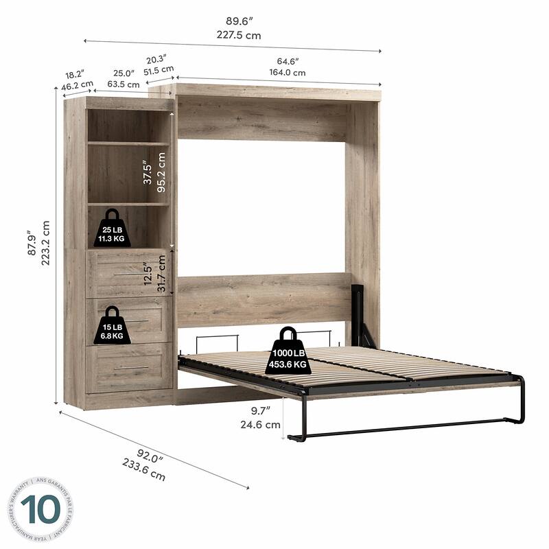 Bestar Pur Queen Murphy Bed with Shelving Unit and Drawers (90W)