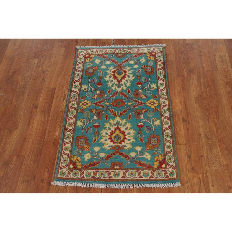 Turquoise Blue Kazak Oriental Foyer Rug Hand-Knotted Wool Carpet - 2'0" x 3'0"