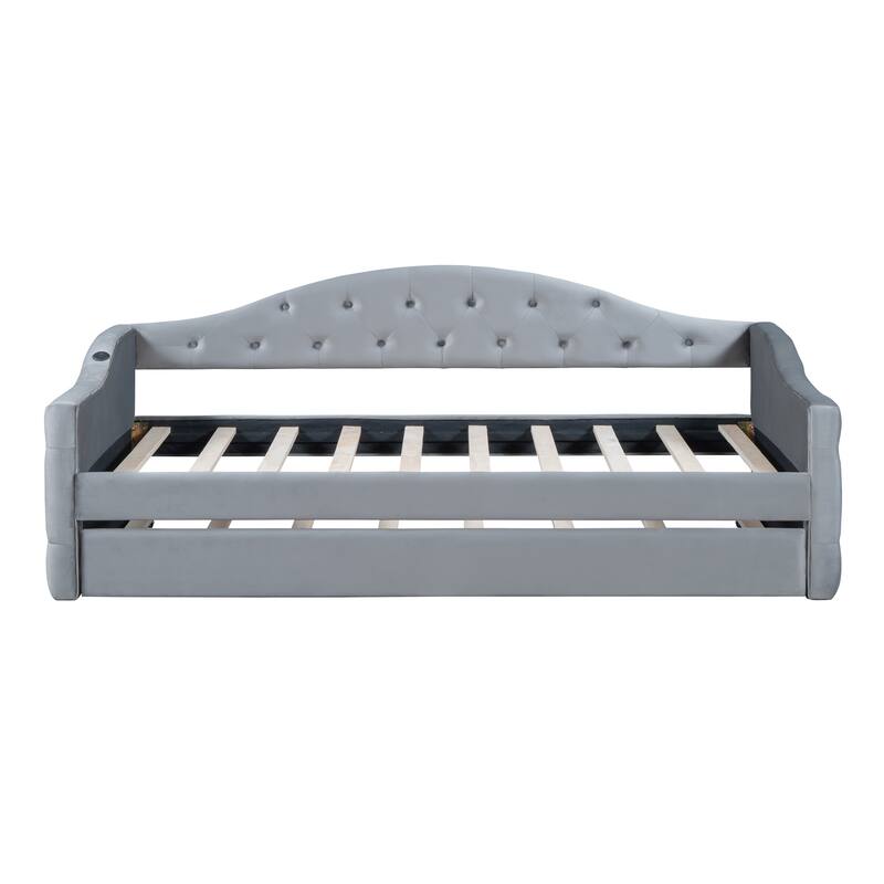 Tufted Upholstered Daybed with Trundle, USB and Type-C Charging Ports