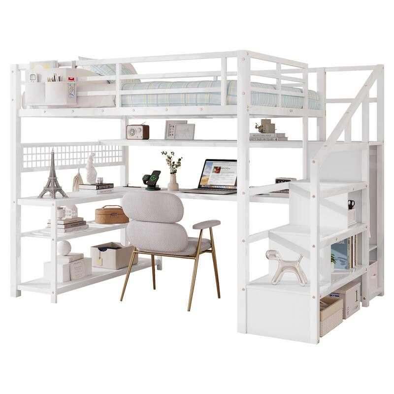 Full Size Loft Bed with Staircase and Wardrobe, Metal Loft Bed with Desk, Storage Shelves, LED Lights