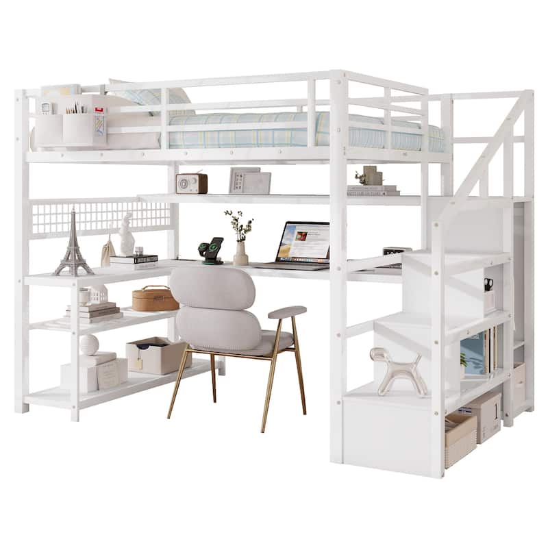 Full Size Loft Bed with Staircase and Wardrobe with Desk, Storage Shelves, LED Lights and Charge Station,Black