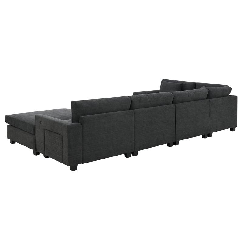 128x67x32 Inch U Shaped 6-Seat Chenille Sofa Set with Ottoman, Storage, Cup Holders & USB Ports