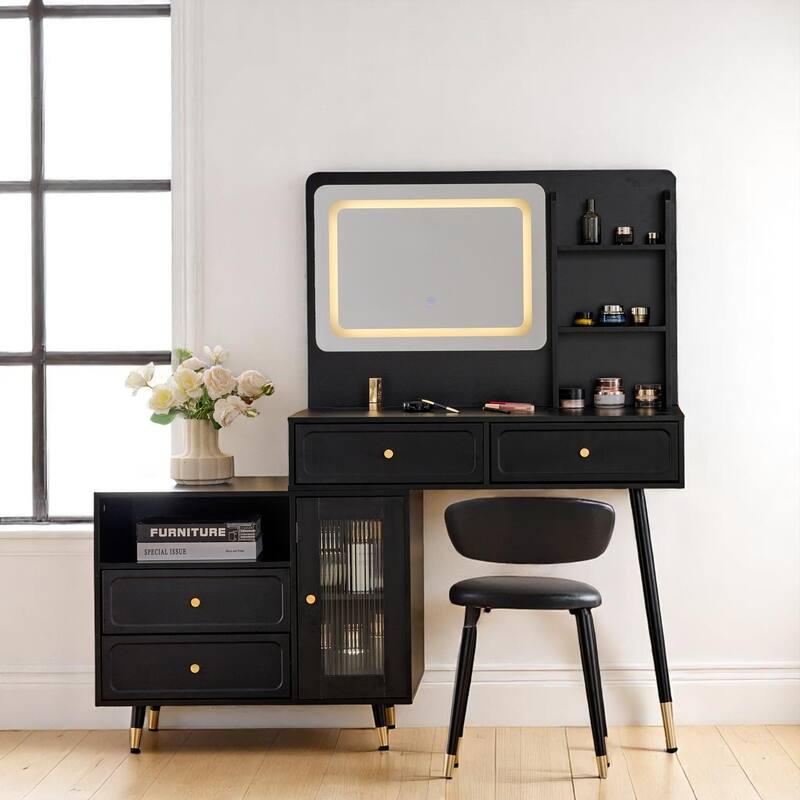 Makeup Vanity with Mirror, LED Light Modes, Built-in Charging Ports, Drawers & Cabinet, Compact Adjustable Desk
