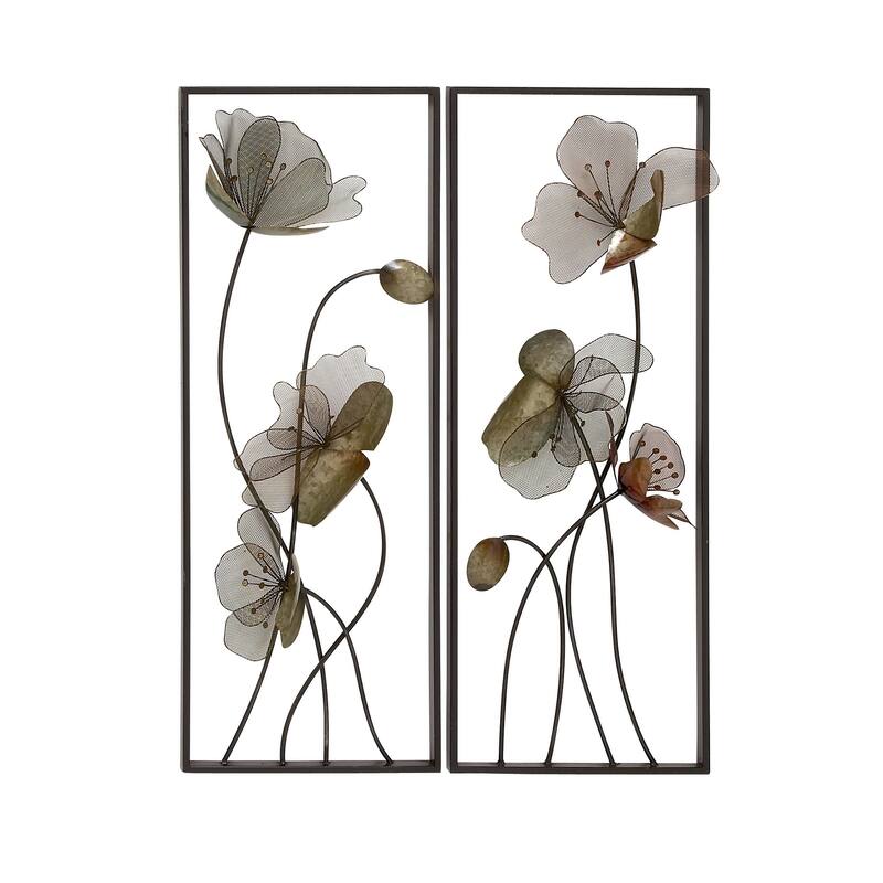 Black Metal Floral Home Wall Decor with Green and Orange Accents (Set of 2)