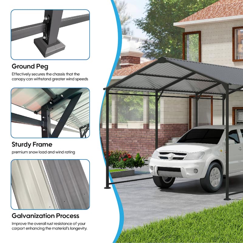 Heavy Duty 10x15 Galvanized Steel Carport Canopy with Corrugated Roof and Weather Protection - 10' × 15' × 8.43'