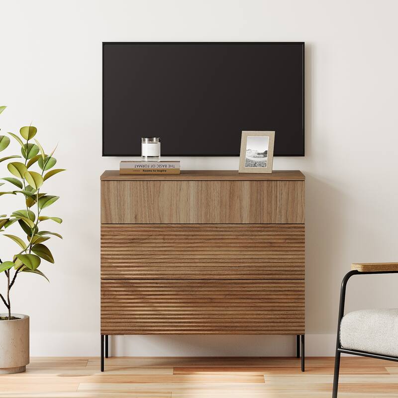 31.5" Reeded Dresser TV Stand, Modern Minimalist Entertainment Center, Wooden TV Console  - 1PC - Walnut