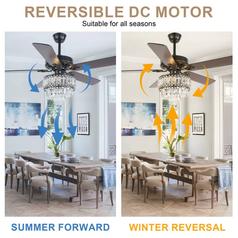 Bella Depot 52" Modern Crystal Ceiling Fan with Remote and Light Kit ,3-speed Reversible Blades