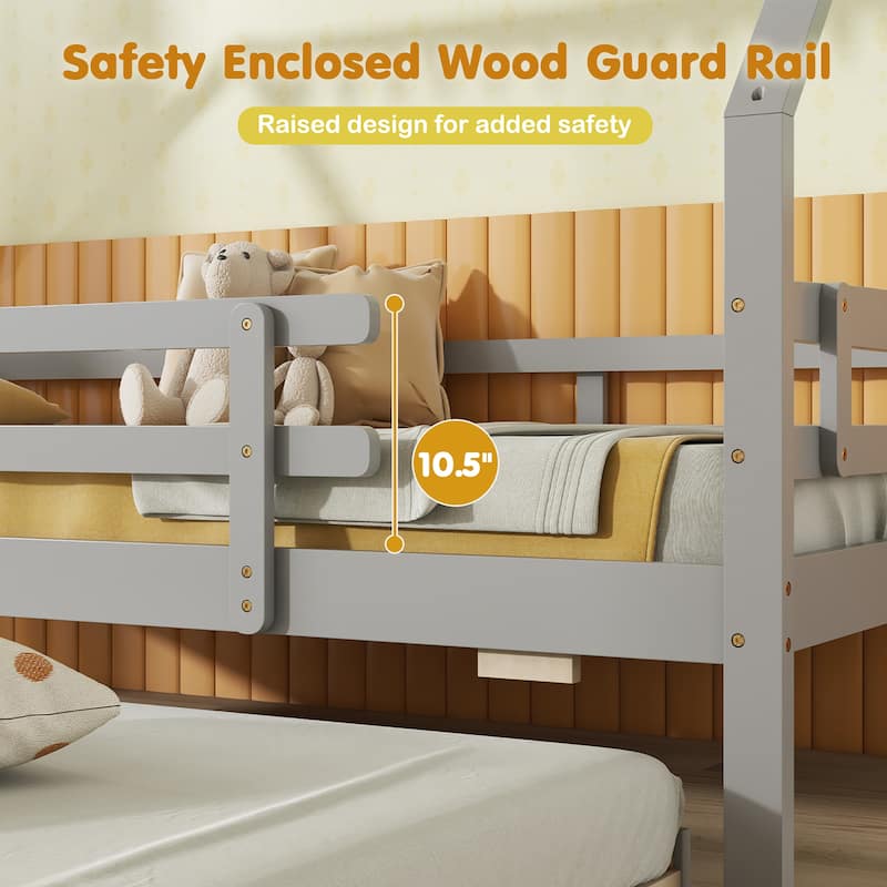 Gymax Twin Size House Bed w/ Trundle Wooden Kids Bed w/ Safety Rails &