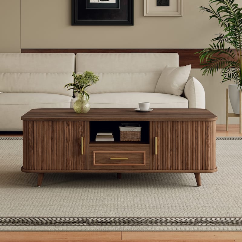 Christopher Knight Home - Arlo Mid-Century Modern Coffee Table with Tambour Doors and 6-Compartment Storage Drawer