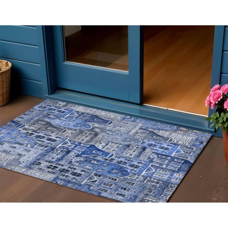 HomeRoots Village Houses Transitional Rectangle Outdoor Rug - 3' x 5'