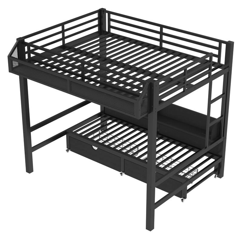 Full over Full Bunk Bed with Storage, USB Ports & LED Lights, Converts to Sofa, Metal Frame